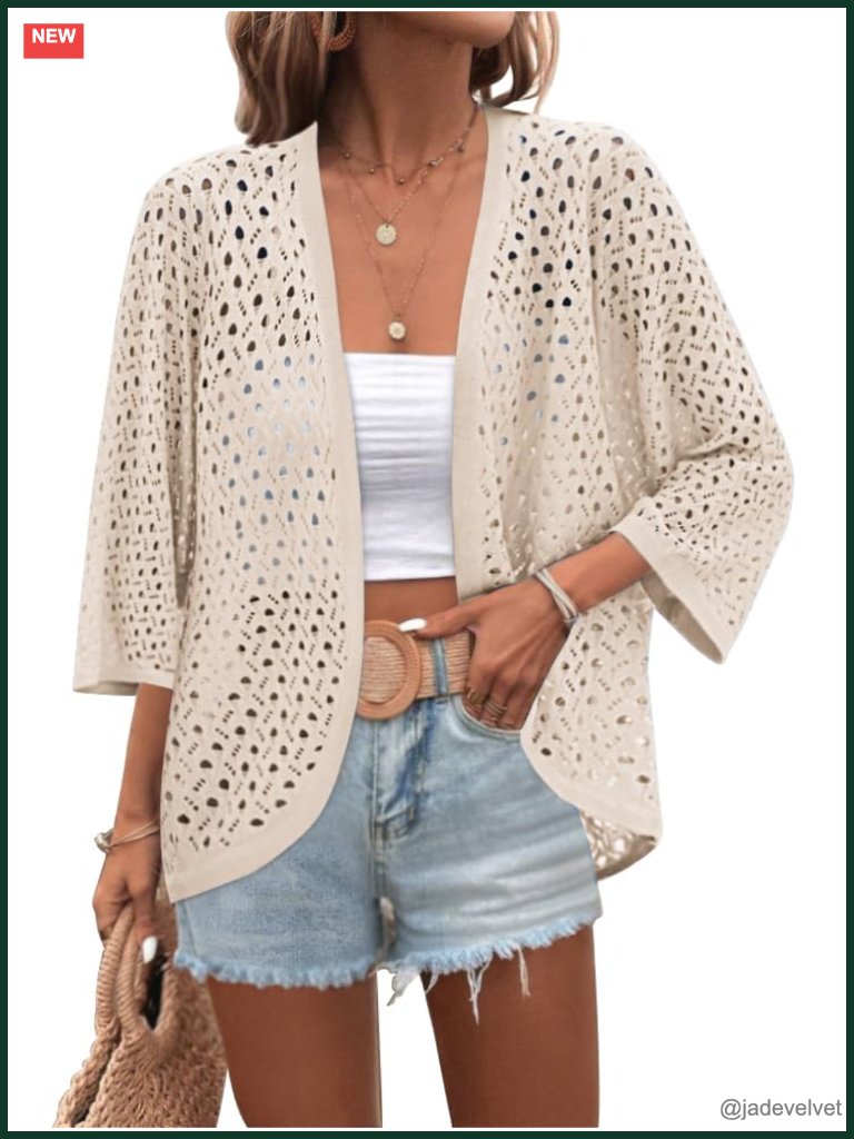 Lightweight Crochet Batwing Cardigan Open Front 3/4 Sleeve Boho Knit Cover Up